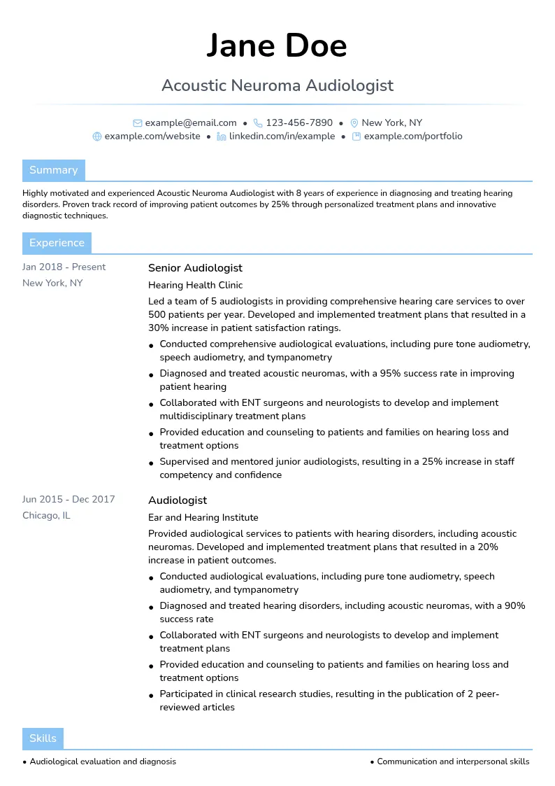 Acoustic Neuroma Audiologist resume example