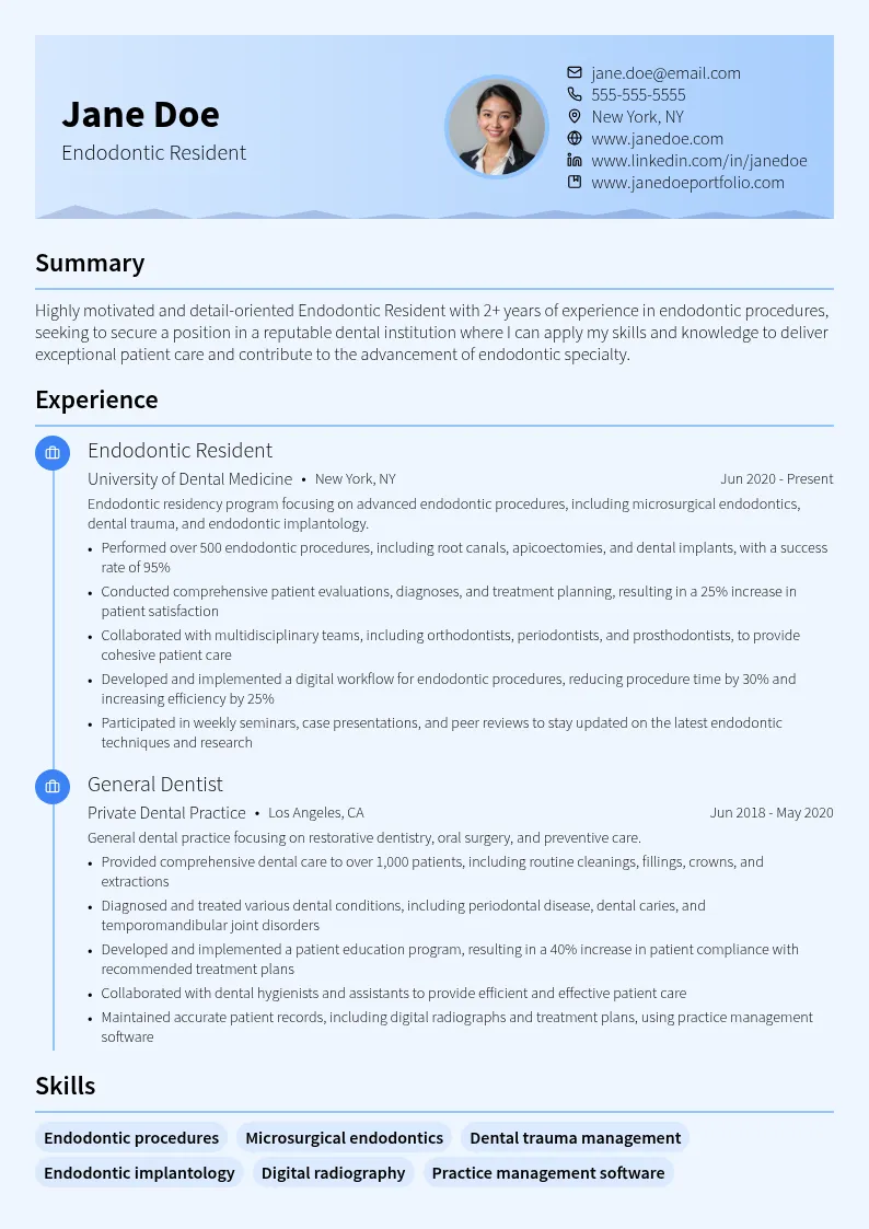 Endodontic Resident resume example