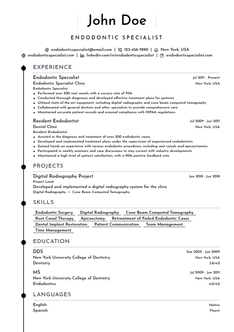 Endodontic Specialist resume example