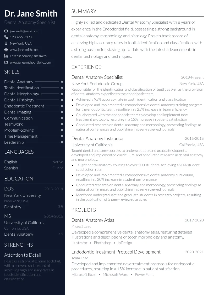 Dental Anatomy Specialist resume example