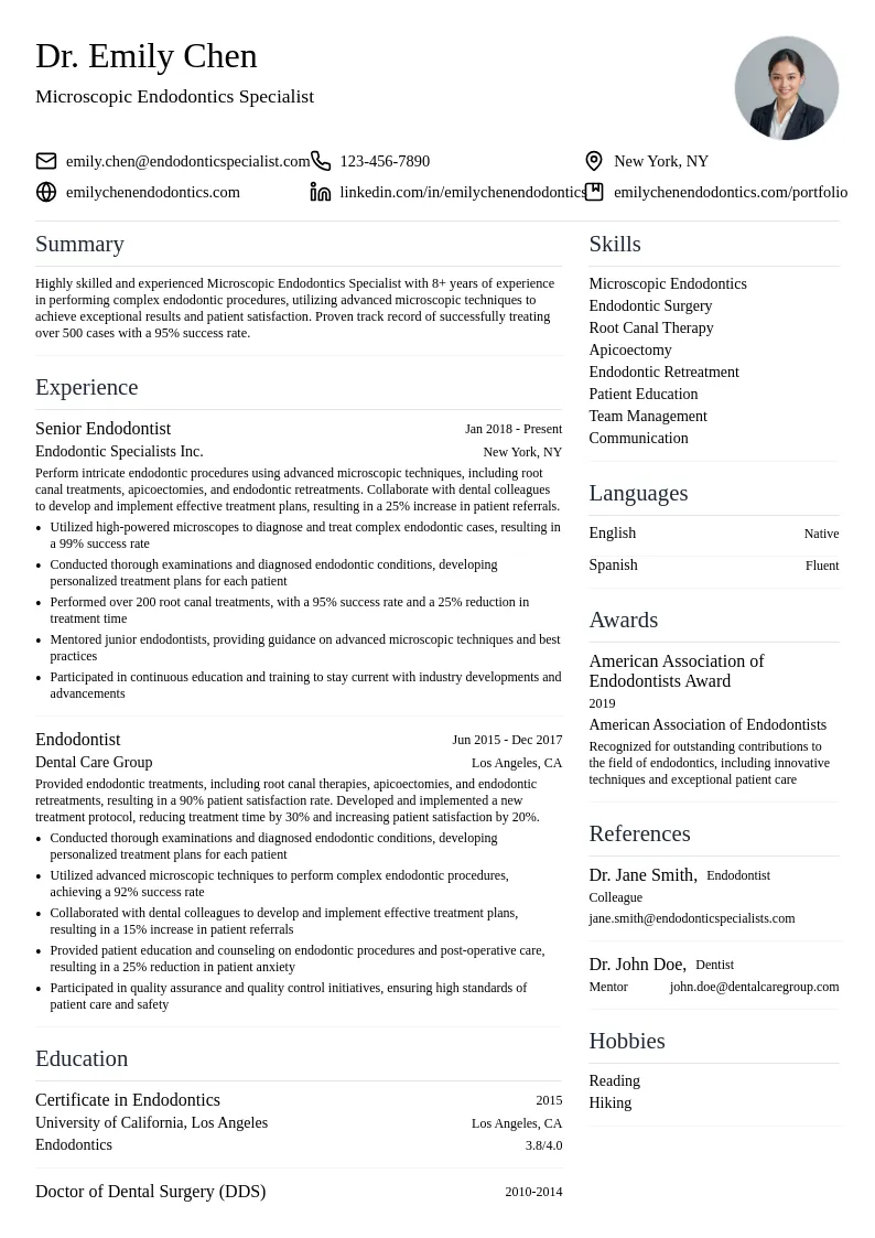 Microscopic Endodontics Specialist resume example