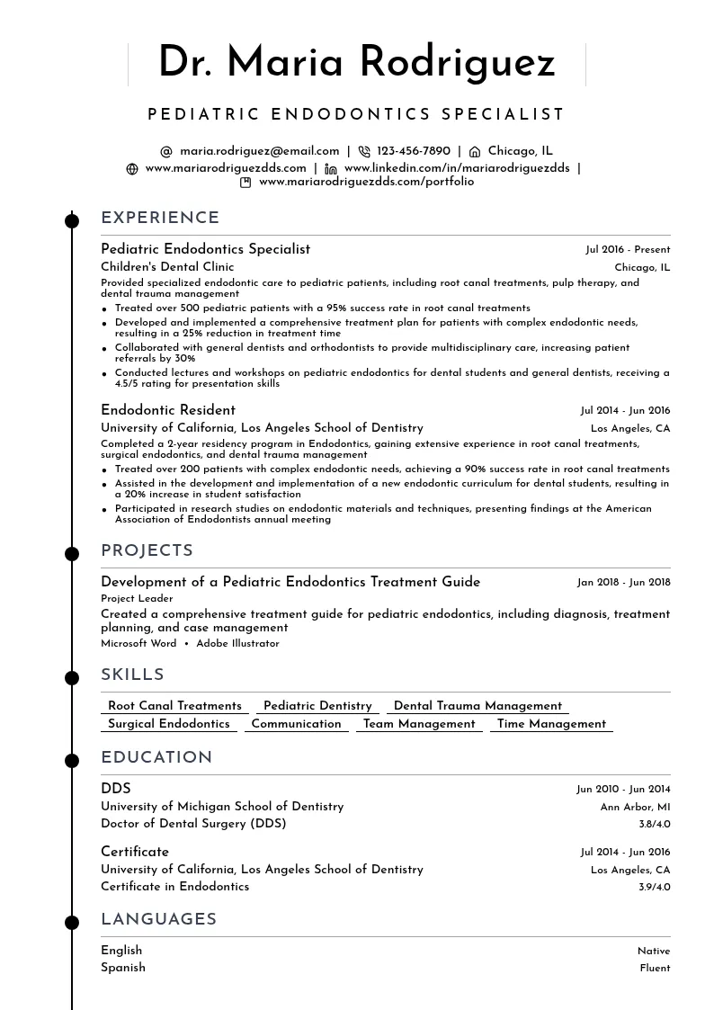 Pediatric Endodontics Specialist resume example