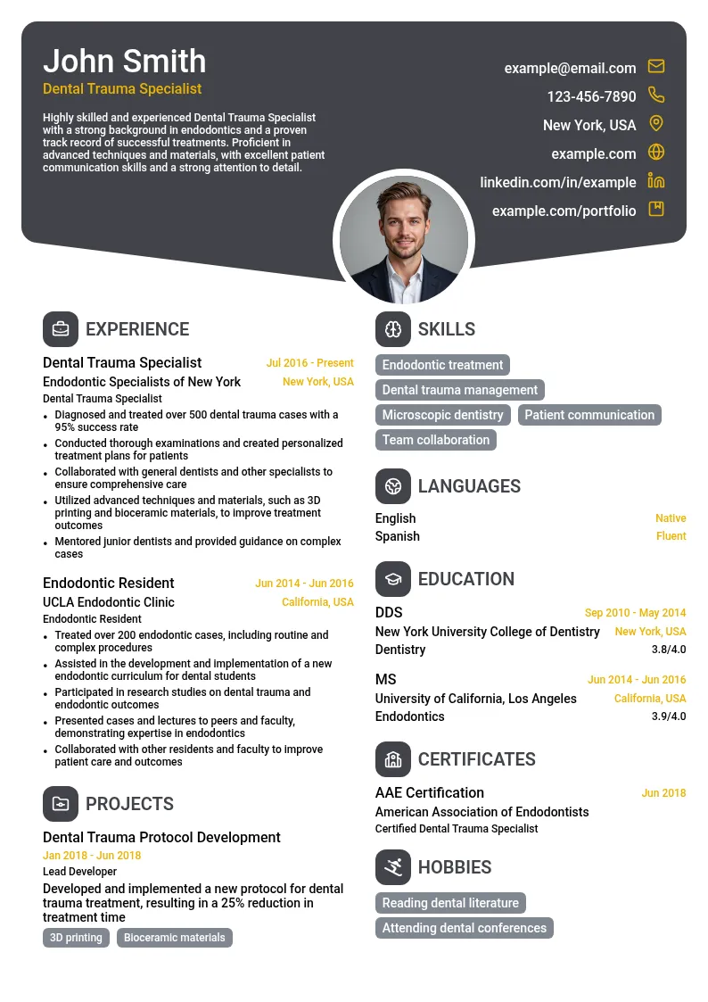Dental Trauma Specialist resume example