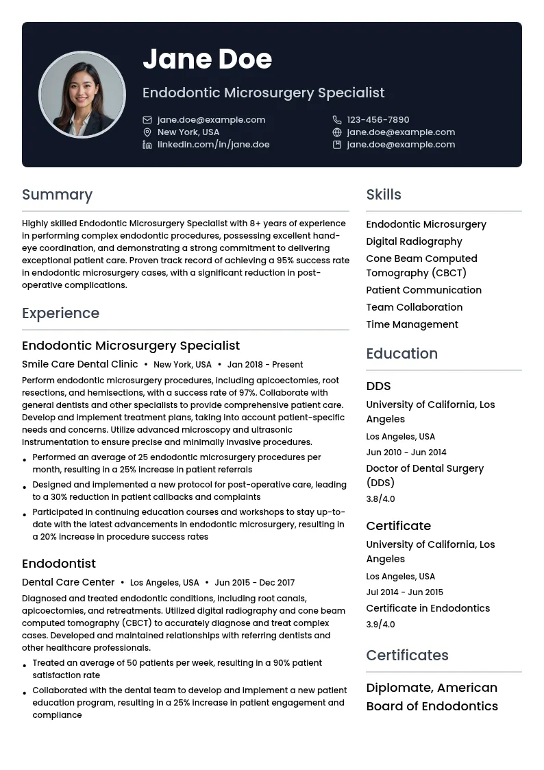 Endodontic Microsurgery Specialist resume example