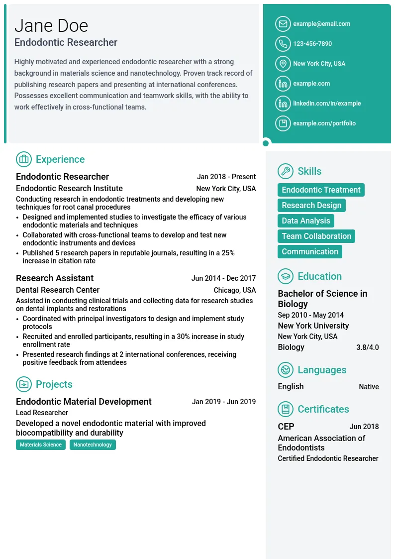 Endodontic Researcher resume example