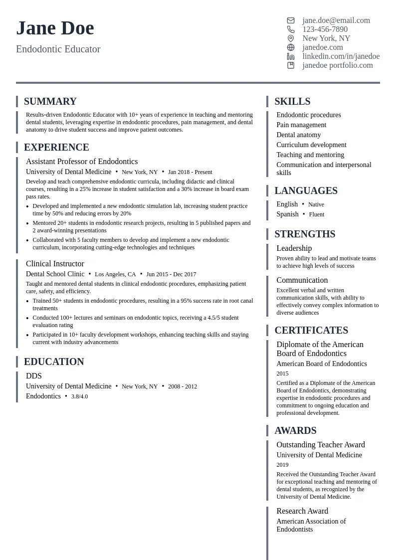 Endodontic Educator resume example