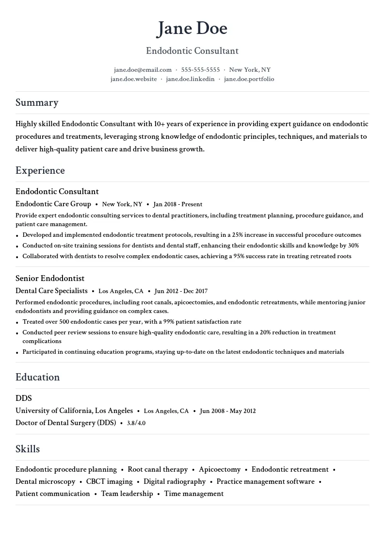 Endodontic Consultant resume example