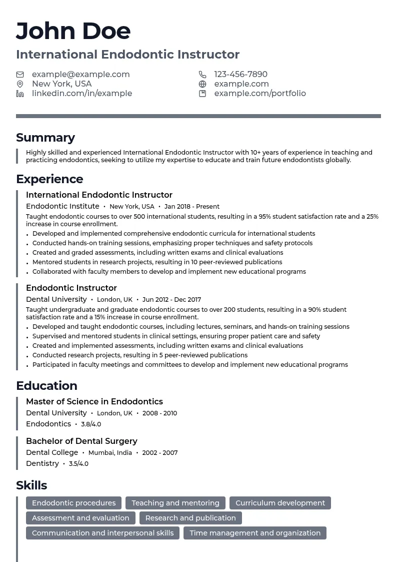 International Endodontic Instructor resume example