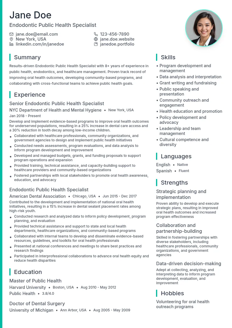 Endodontic Public Health Specialist resume example