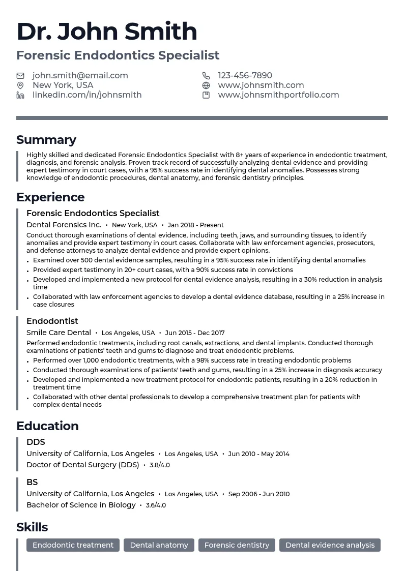 Forensic Endodontics Specialist resume example