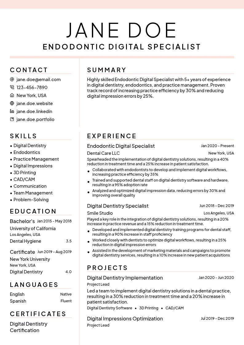 Endodontic Digital Specialist resume example