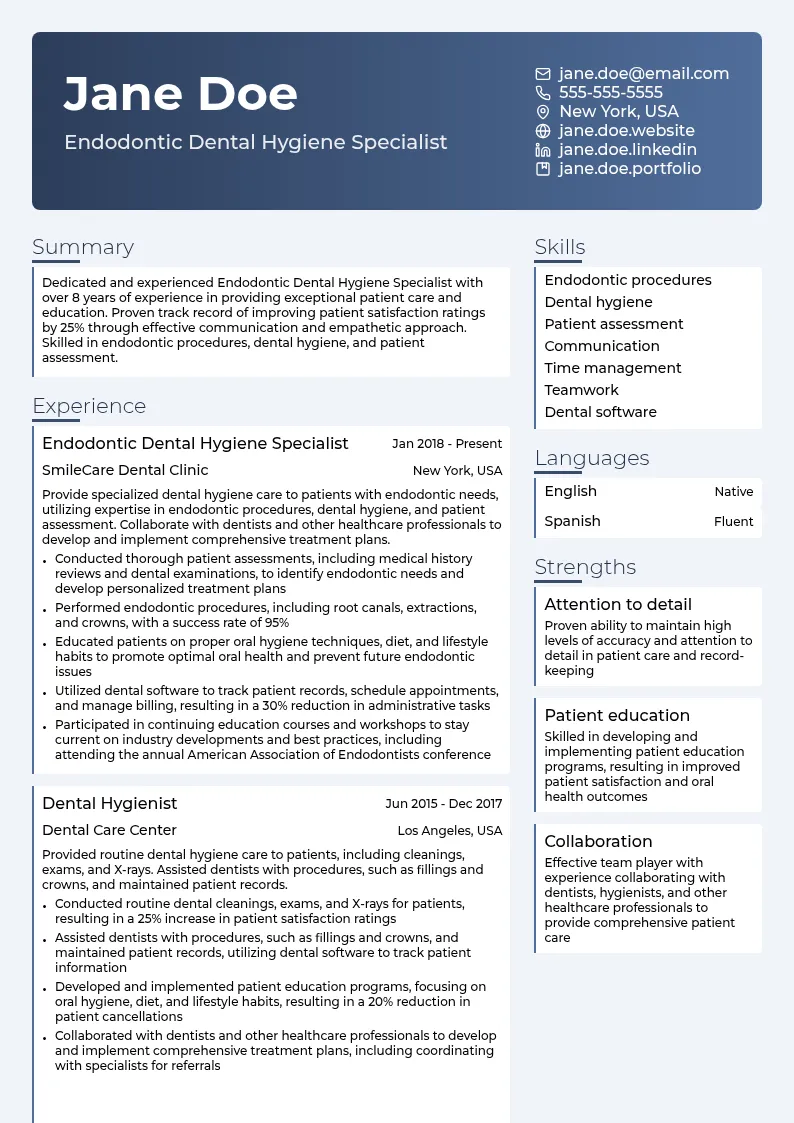 Endodontic Dental Hygiene Specialist resume example