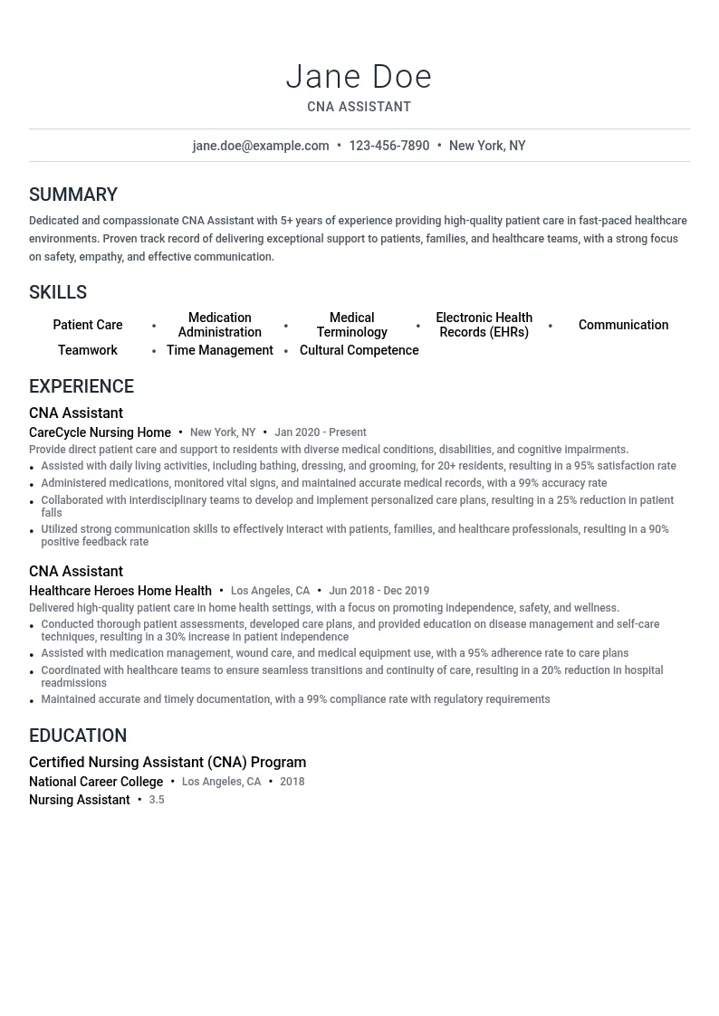 CNA Assistant resume example