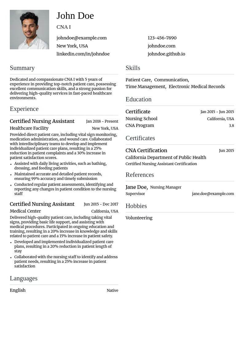 CNA I resume example