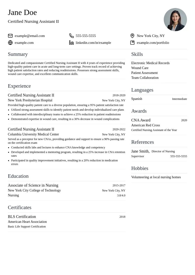 CNA II resume example