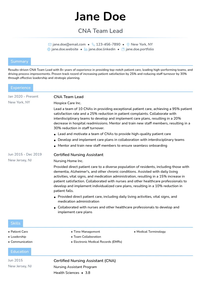 CNA Team Lead resume example