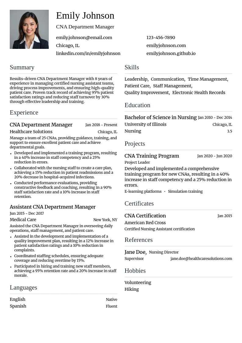 CNA Department Manager resume example