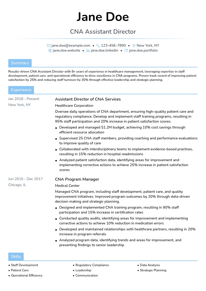 CNA Assistant Director resume example