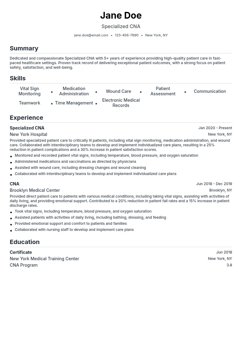 Specialized CNA resume example