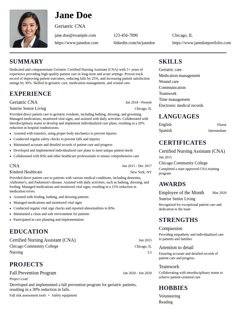 Geriatric CNA resume example