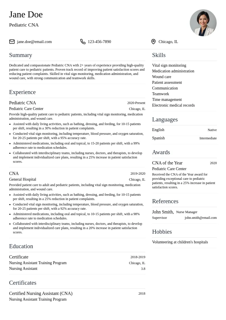 Pediatric CNA resume example