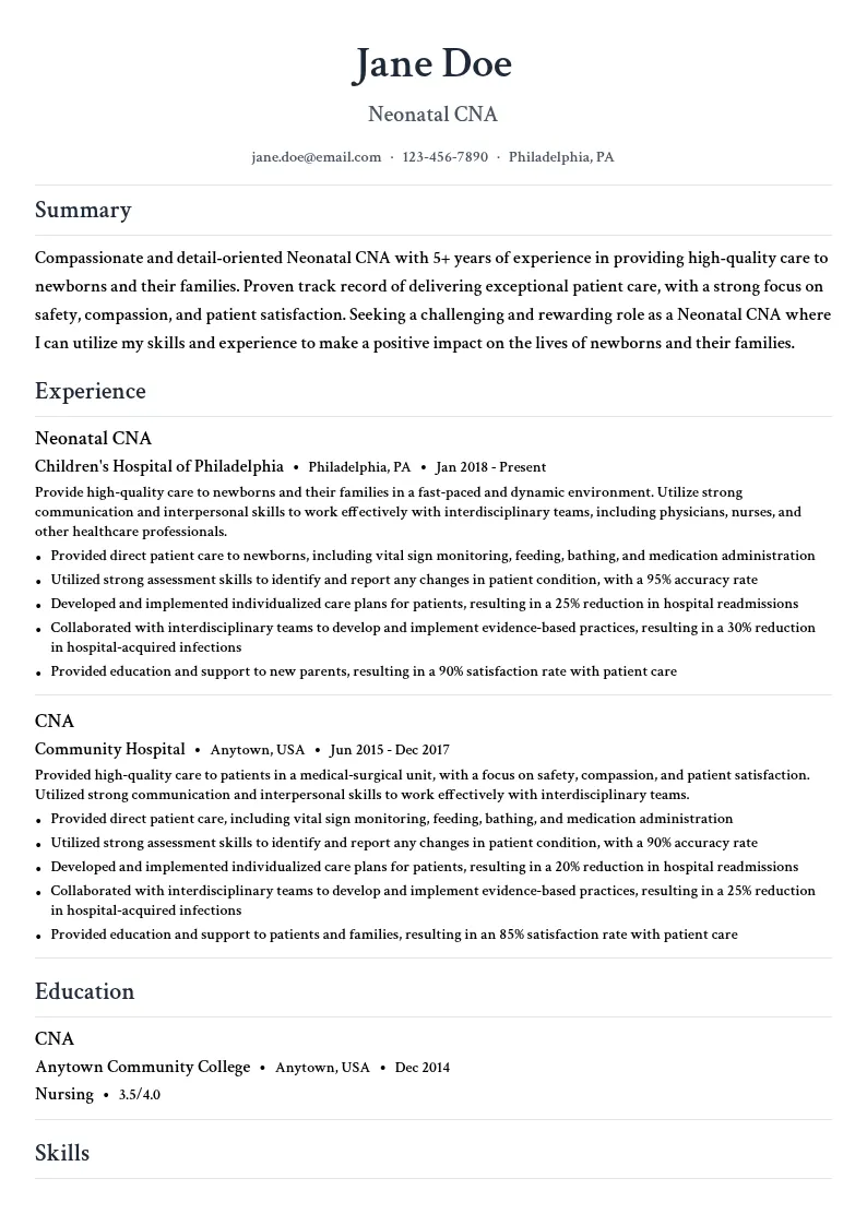 Neonatal CNA resume example