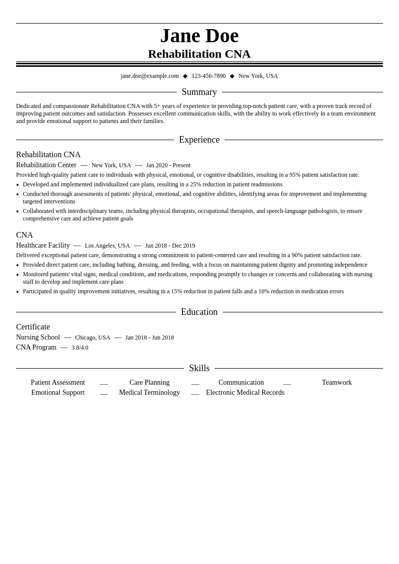 Rehabilitation CNA resume example