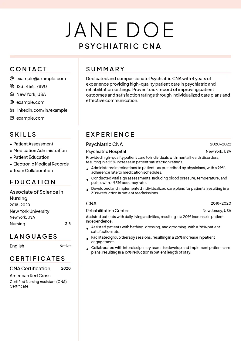 Psychiatric CNA resume example