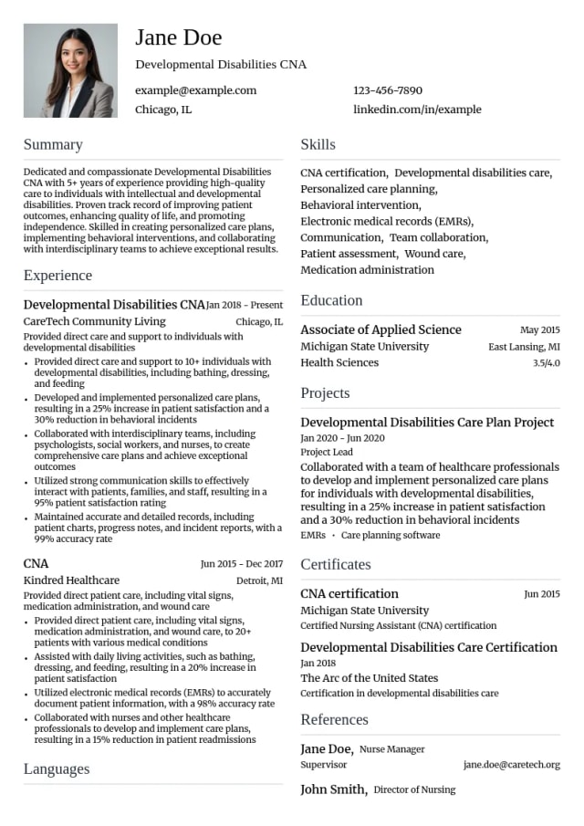 Developmental Disabilities CNA resume example