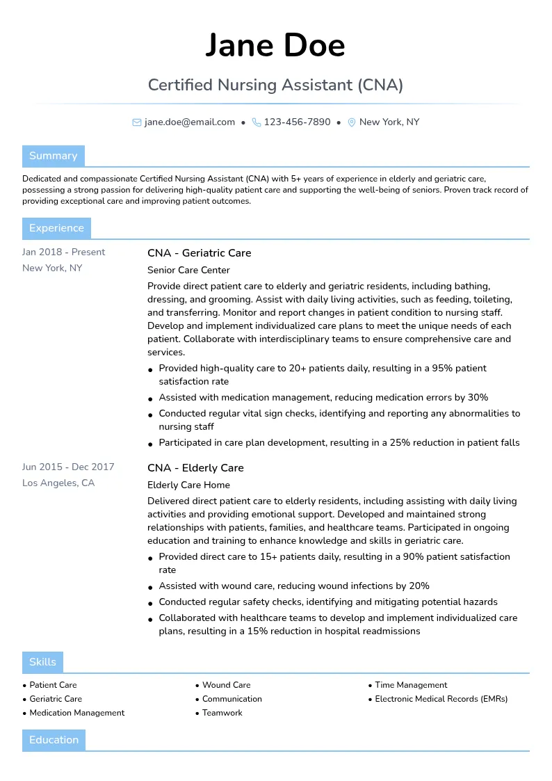 Elderly and Geriatric CNA resume example
