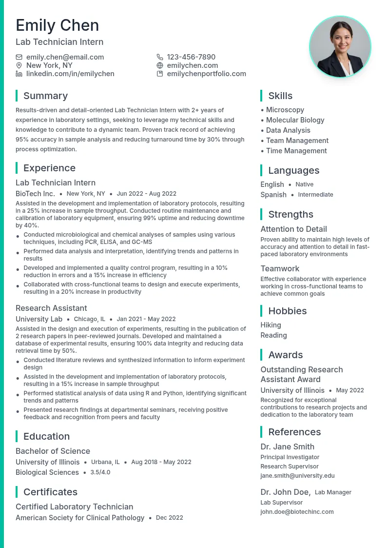 Lab Technician Intern resume example