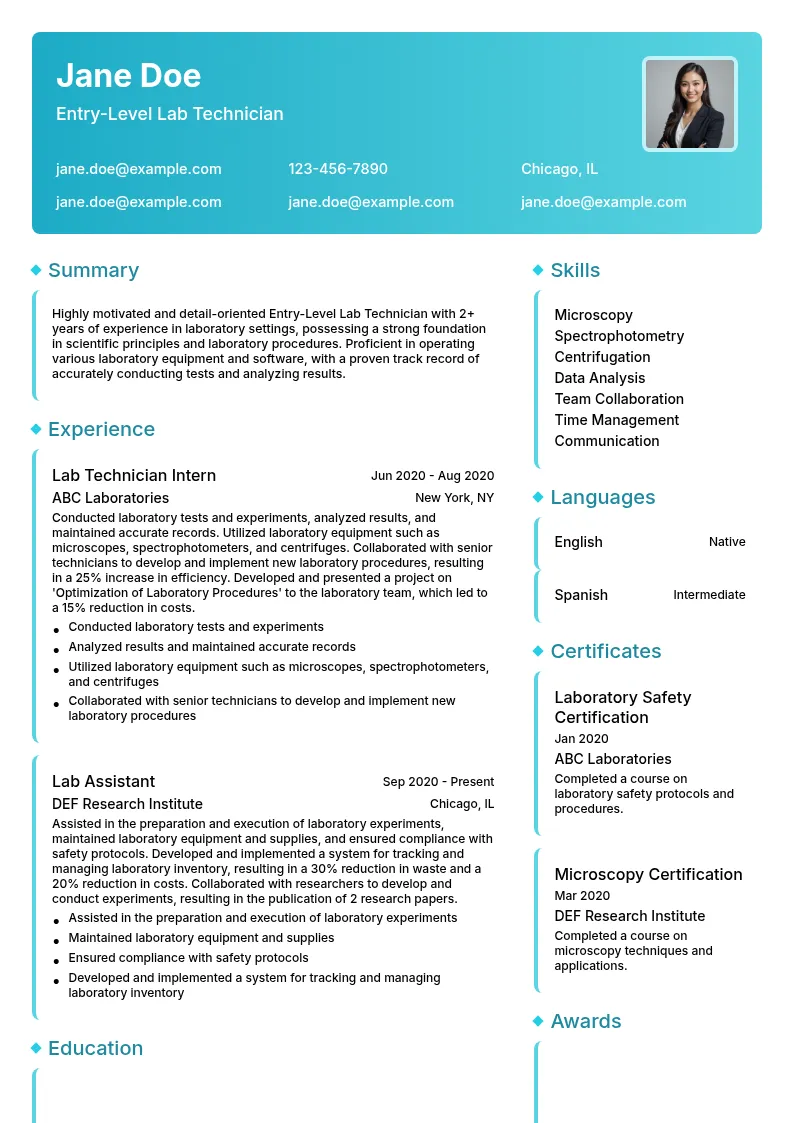 Entry-Level Lab Technician resume example