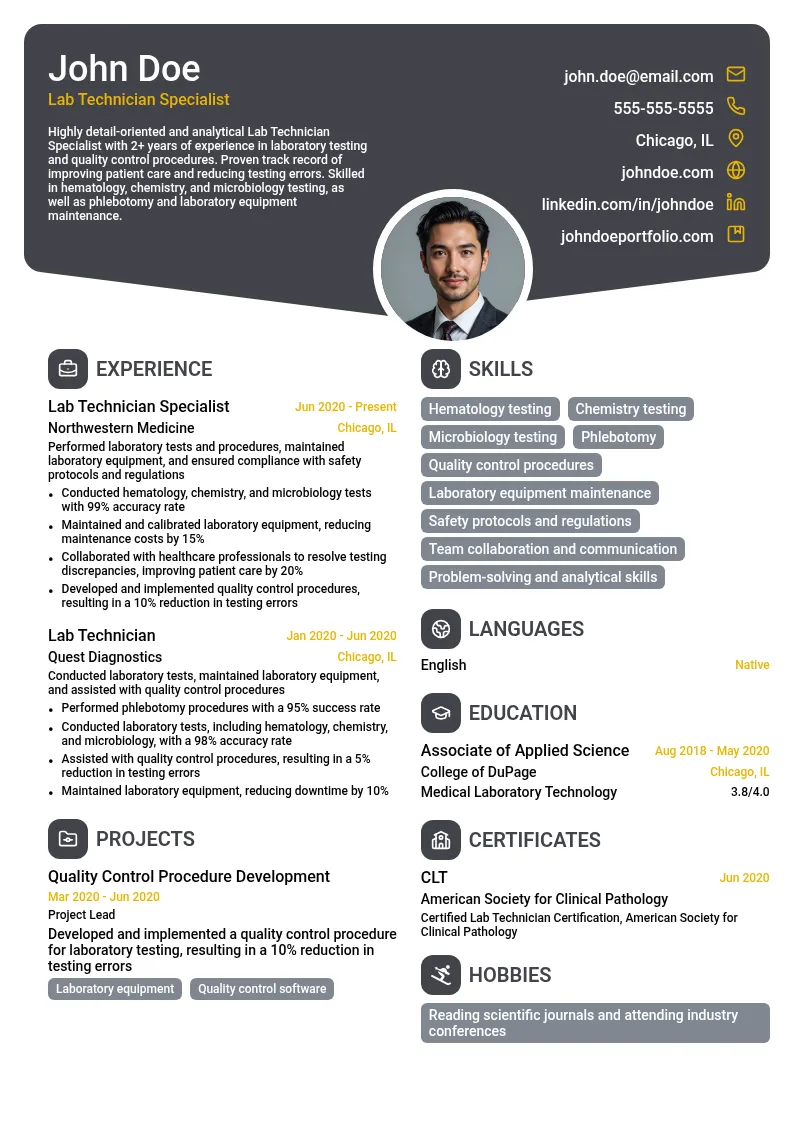 Lab Technician Specialist resume example