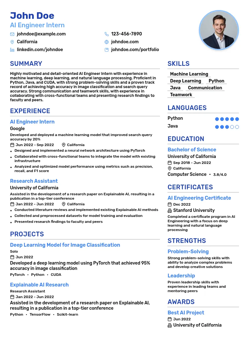 AI Engineer Intern resume example