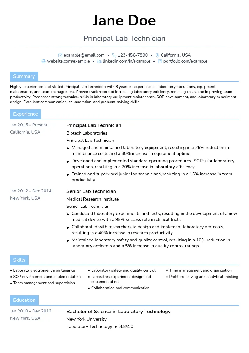 Principal Lab Technician resume example