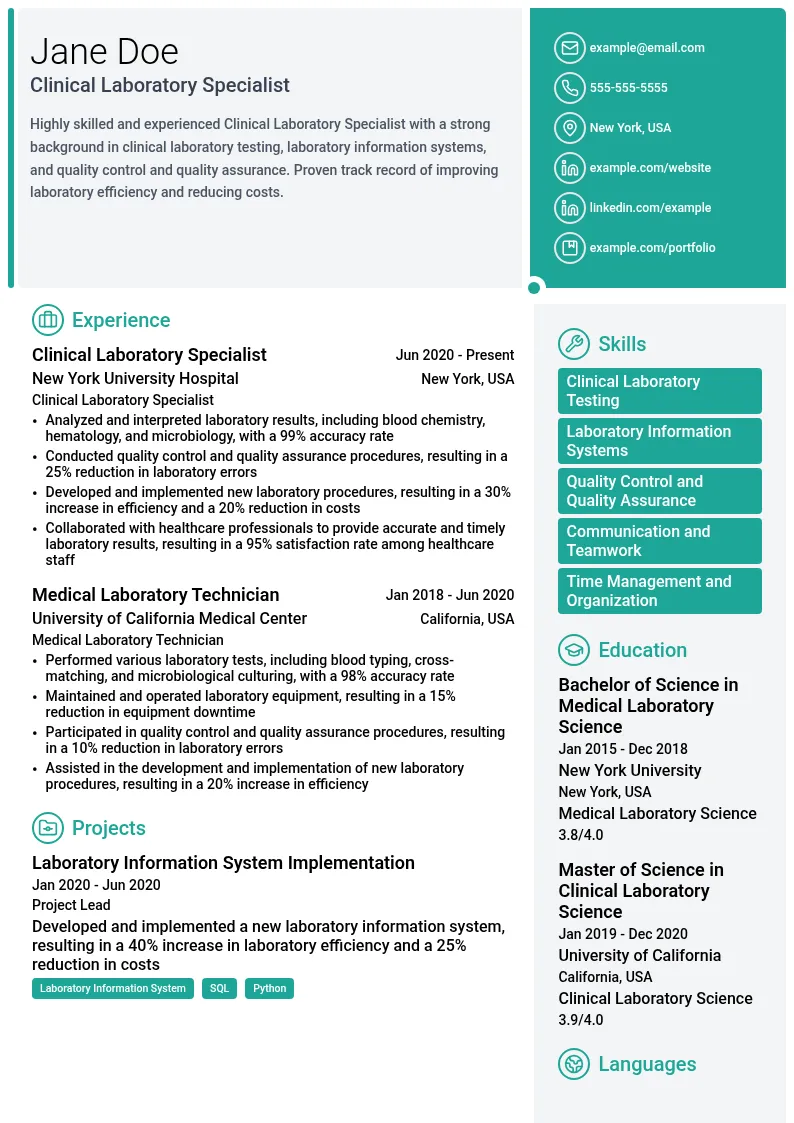 Clinical Laboratory Specialist resume example