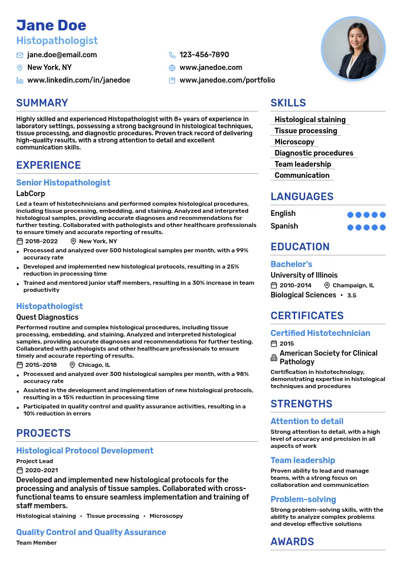 Histopathologist resume example