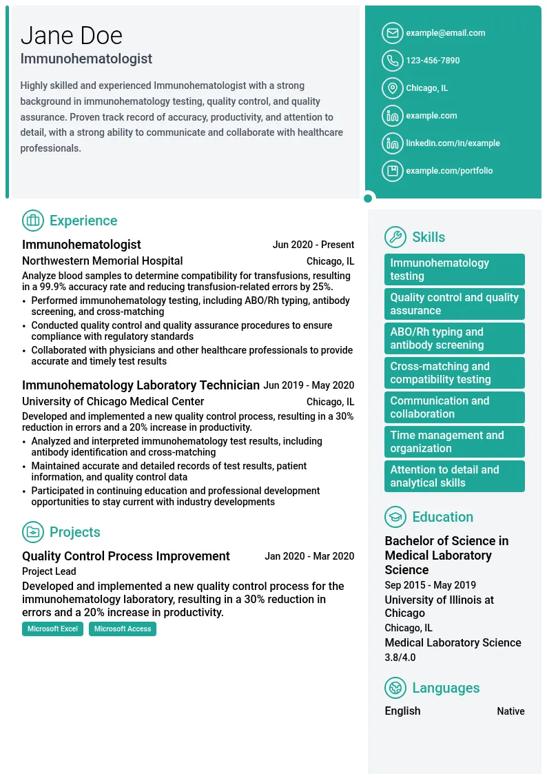 Immunohematologist resume example