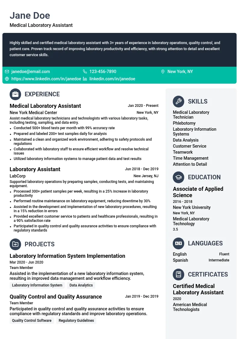 Medical Laboratory Assistant resume example