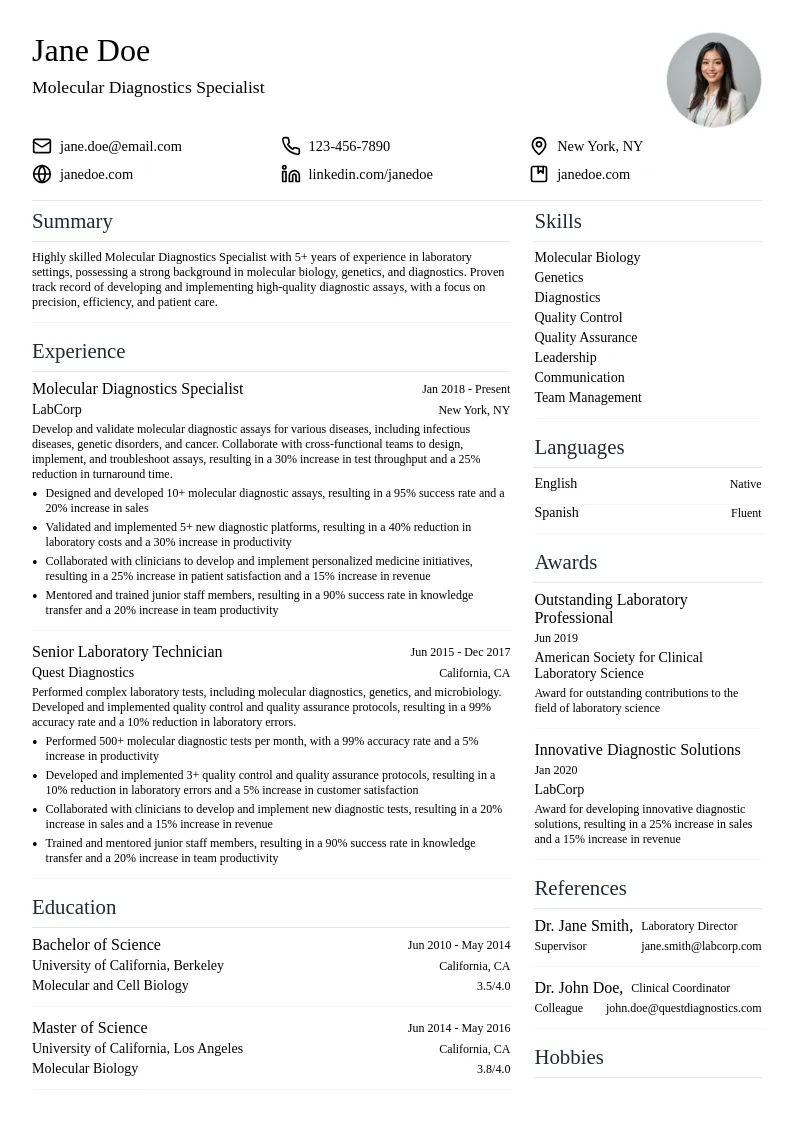 Molecular Diagnostics Specialist resume example