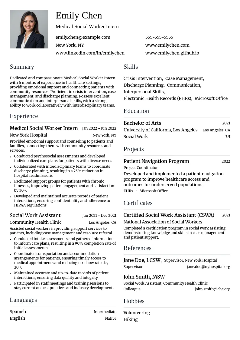 Medical Social Worker Intern resume example
