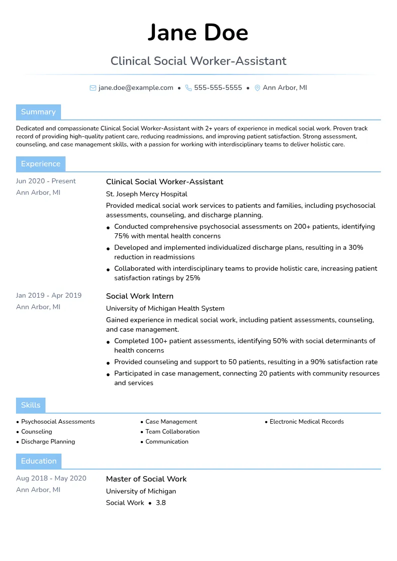 Clinical Social Worker-Assistant resume example