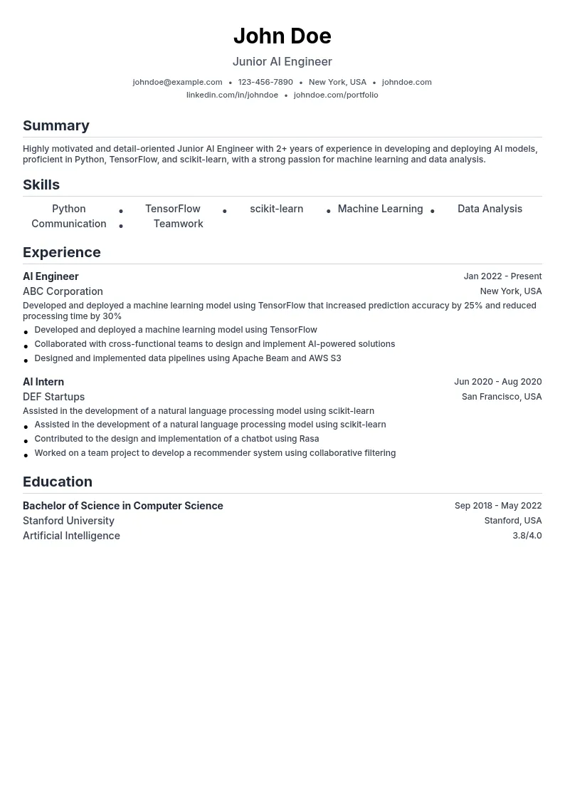 Junior AI Engineer resume example