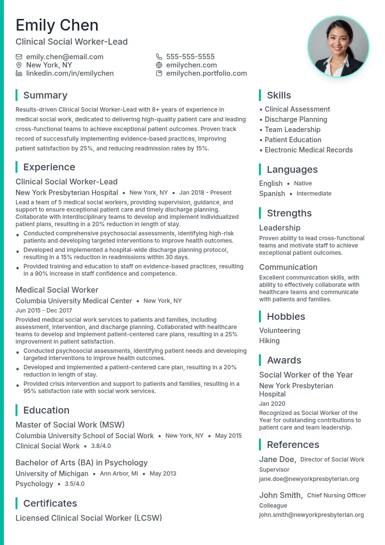 Clinical Social Worker-Lead resume example
