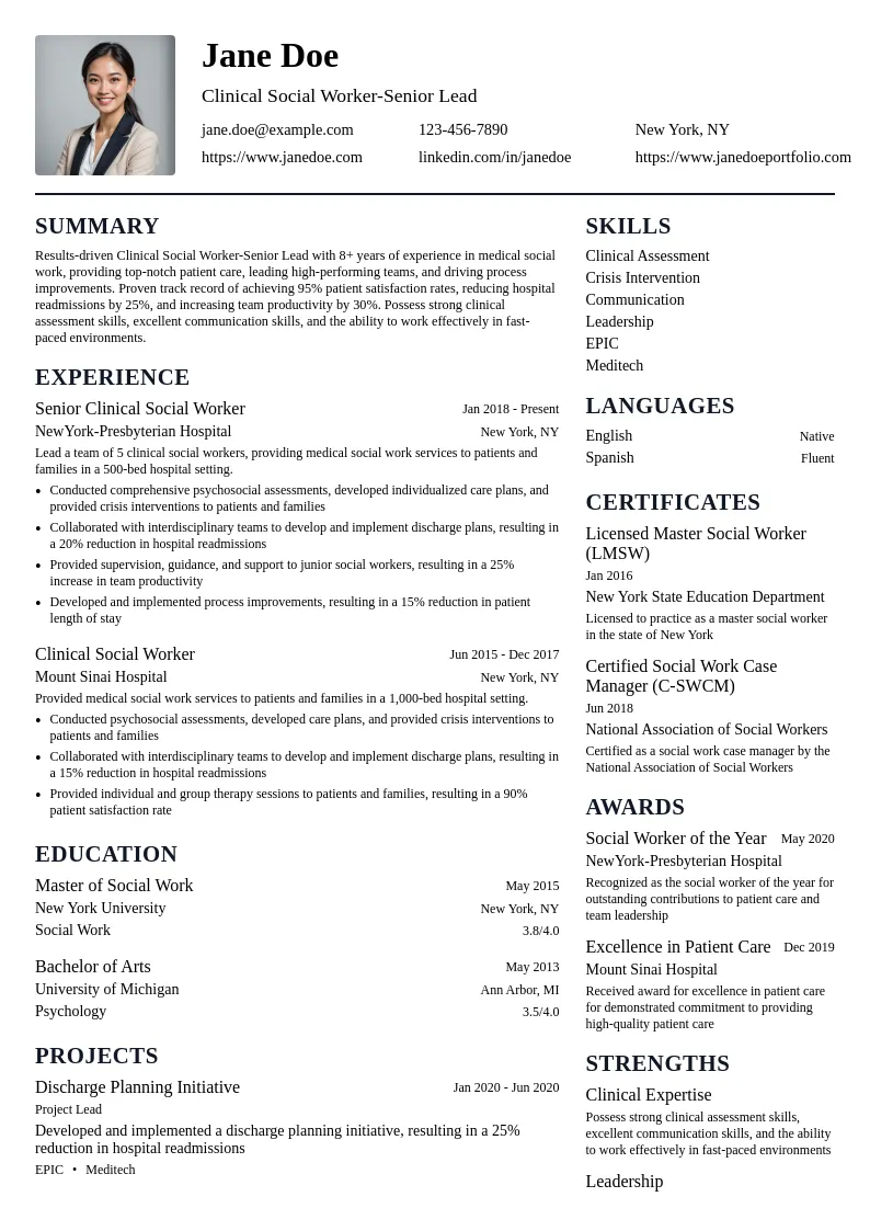 Clinical Social Worker-Senior Lead resume example