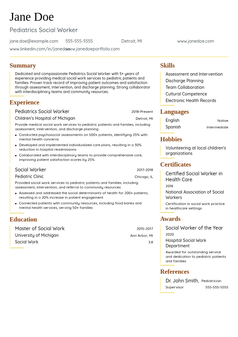 Pediatrics Social Worker resume example
