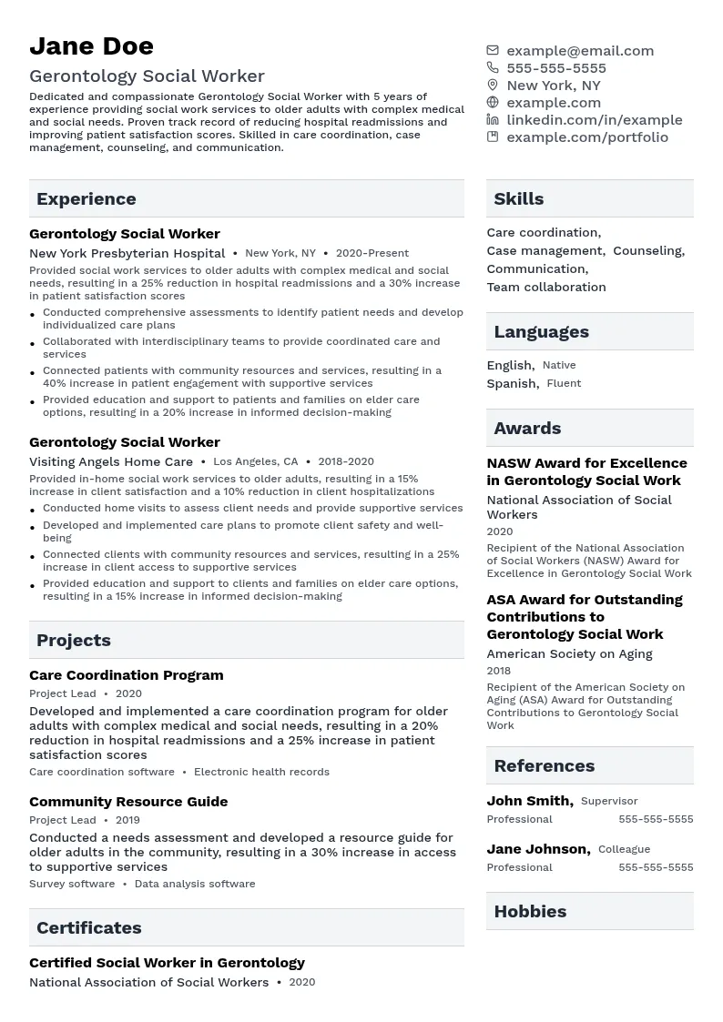 Gerontology Social Worker resume example