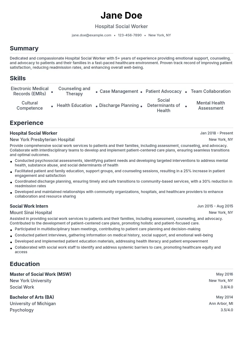 Hospital Social Worker resume example