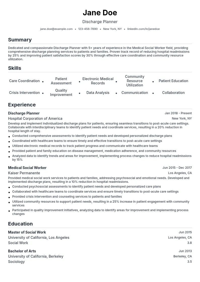 Discharge Planner resume example