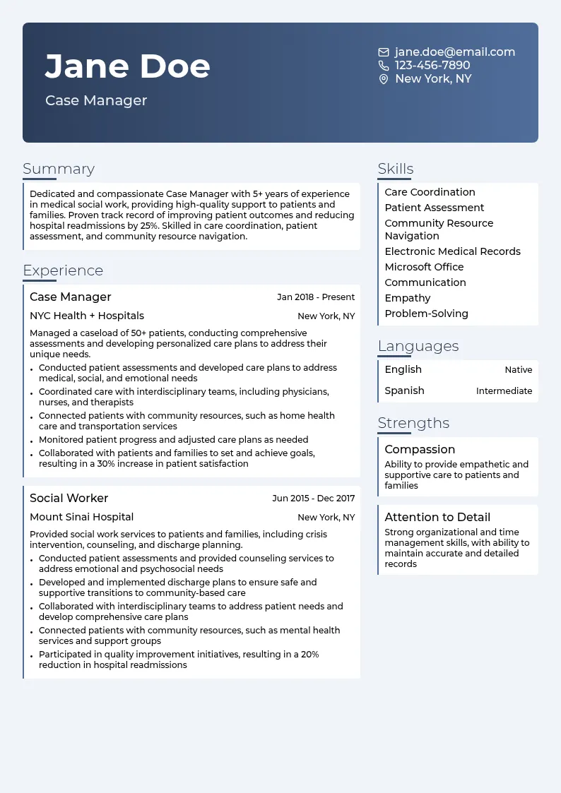 Case Manager resume example